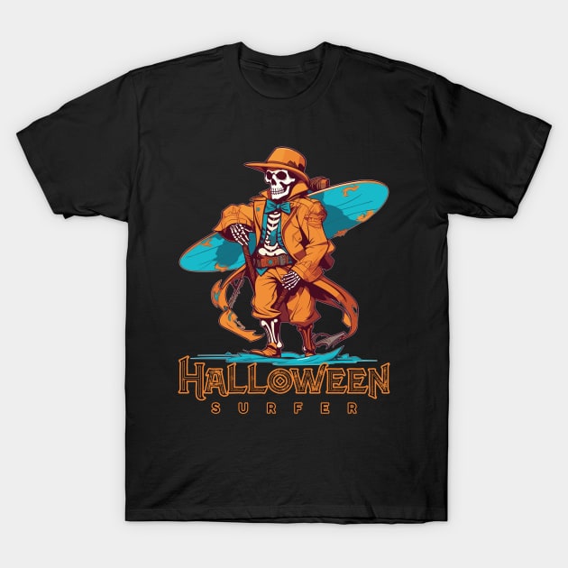 Halloween Beach Surfer Skeleton T-Shirt by DanielLiamGill